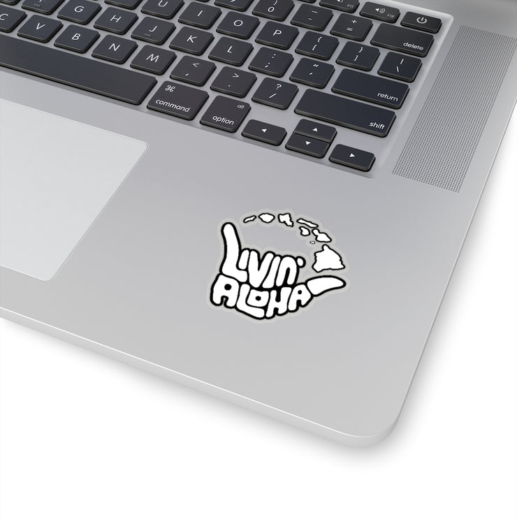 white text, black border, island logo Kiss-Cut Stickers - Livin&