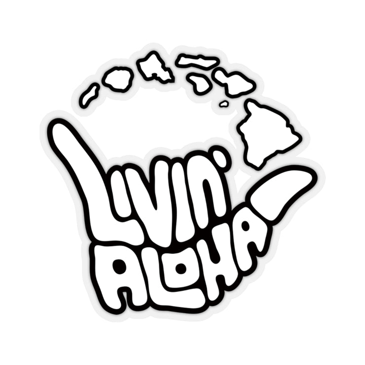 white text, black border, island logo Kiss-Cut Stickers - Livin&