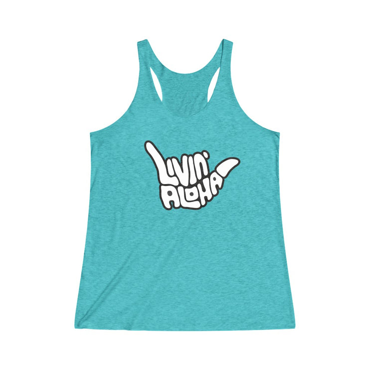 Livin’ Aloha Women’s Classic Racerback Shaka Tank (Teal)