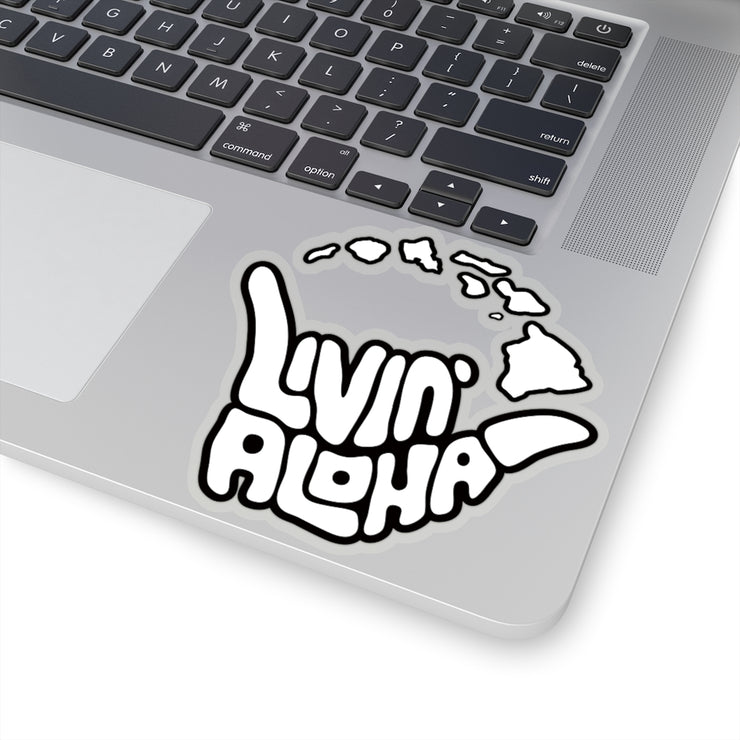 white text, black border, island logo Kiss-Cut Stickers - Livin&