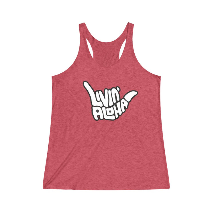 Livin’ Aloha Women’s Classic Racerback Shaka Tank (Red Damask)