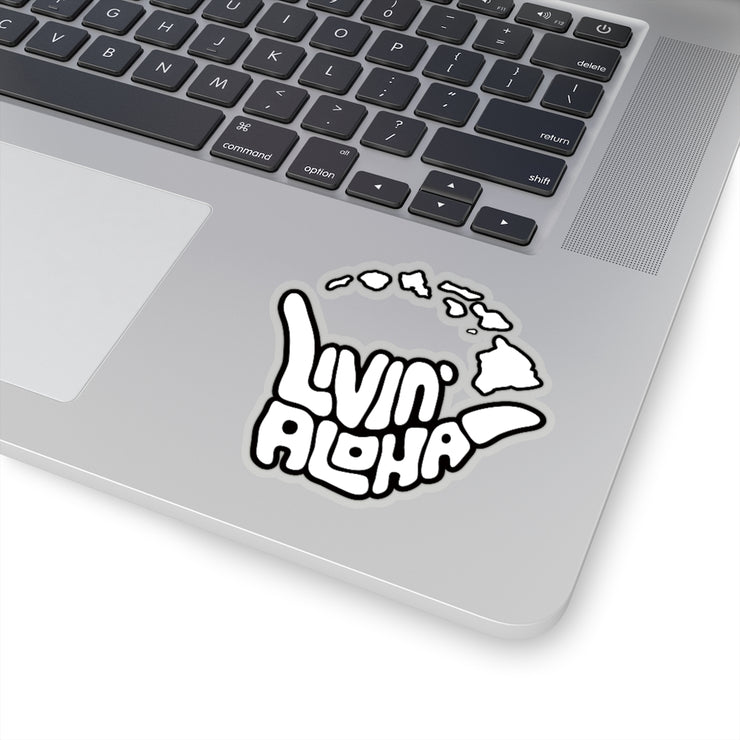 white text, black border, island logo Kiss-Cut Stickers - Livin&